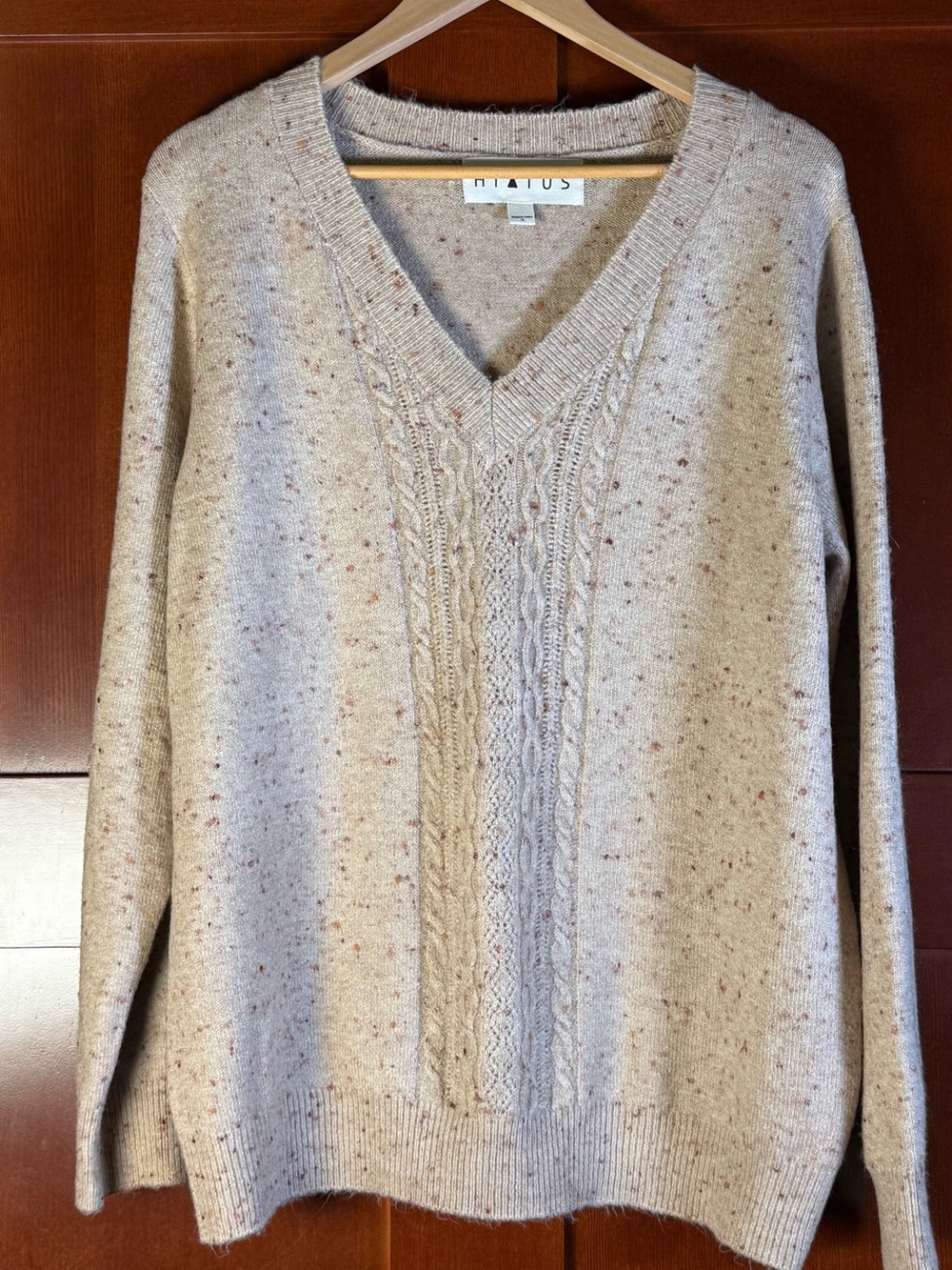 Hiatus Beige Speckled Cable Knit V Neck Sweater 1X Cozy Grandpa Chic